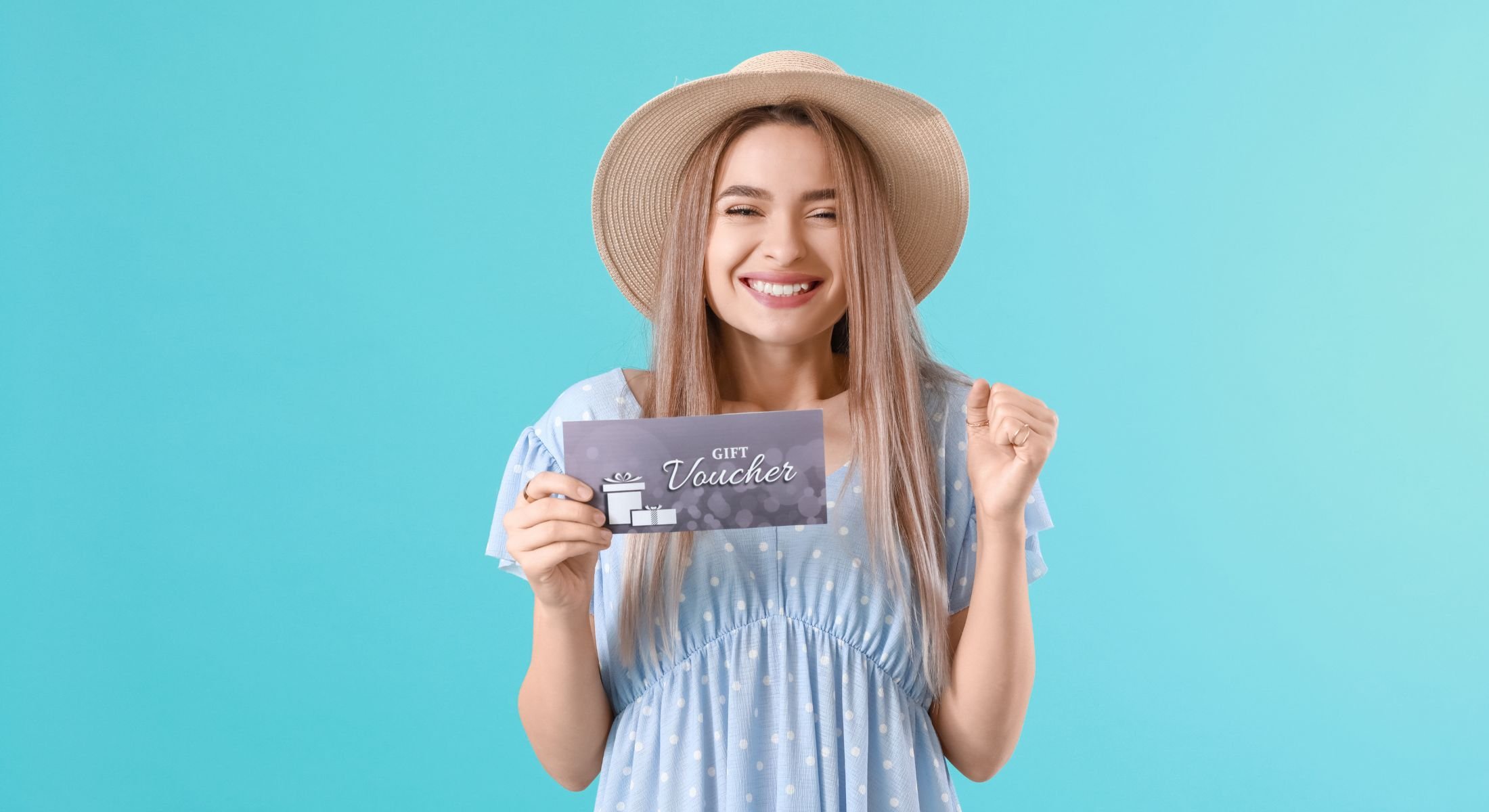 Voucher banner - girl with hat and gift card